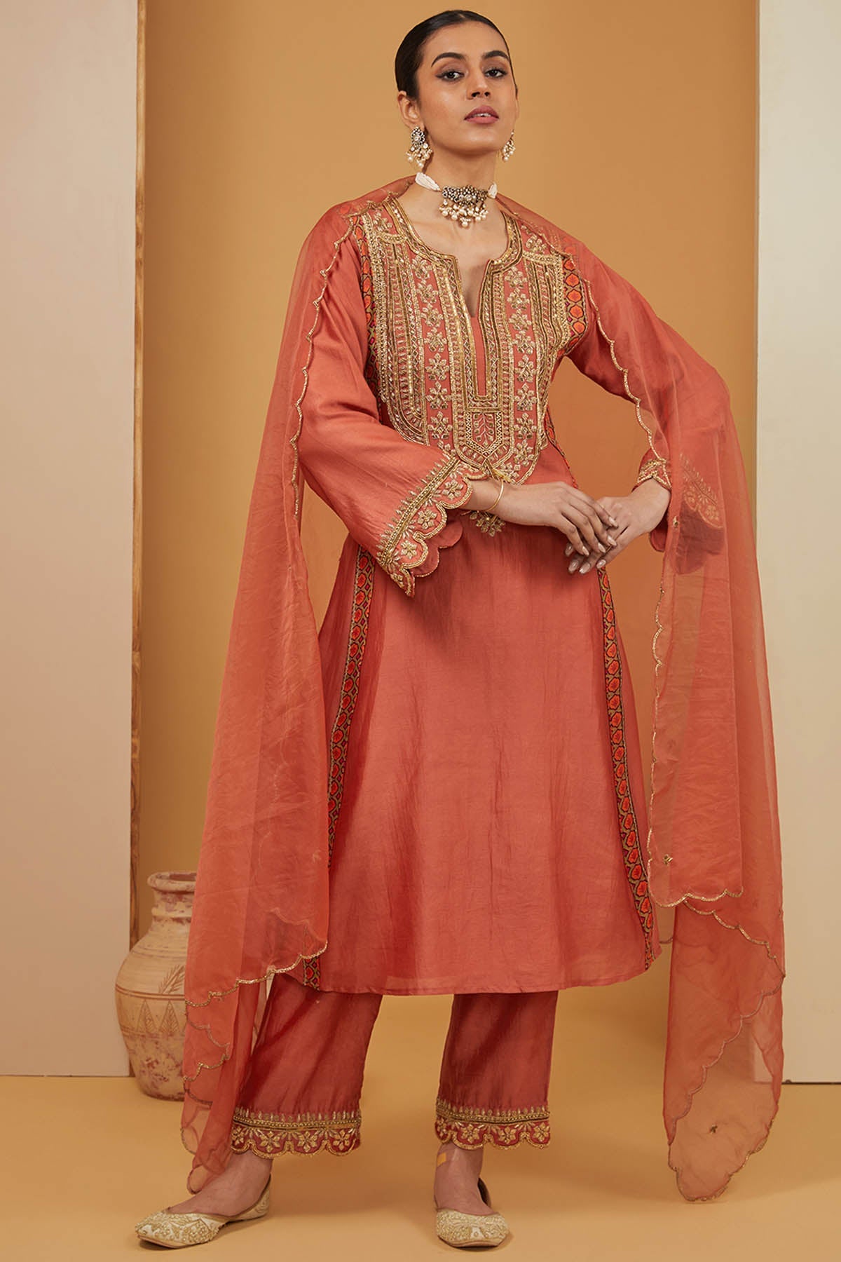 Designer Neha Khullar Rust Embroidered Yoke Kurta Set for Women Online